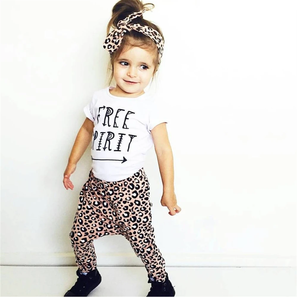 Summer 2018 New Baby Girl Leopard Clothes Fashion T shirt+Pants