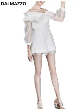 

2018 Newest Thailand Brand Design White Women Runway Jumpsuits high quality V Neck Lantern Long Sleeve Mesh Lace Playsuits