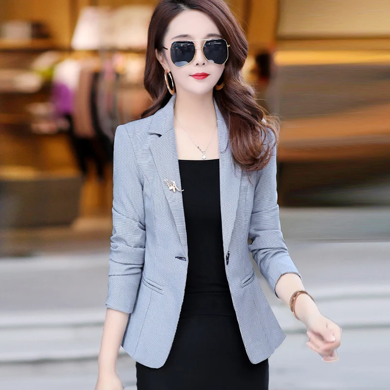 Light Blue Spot PEONFLY винтажные весенние женские клетчатые блейзеры, куртки для работы, офисный женский костюм, тонкий с брошью, деловой Женский блейзер, пальто - Цвет: Light Blue Spot