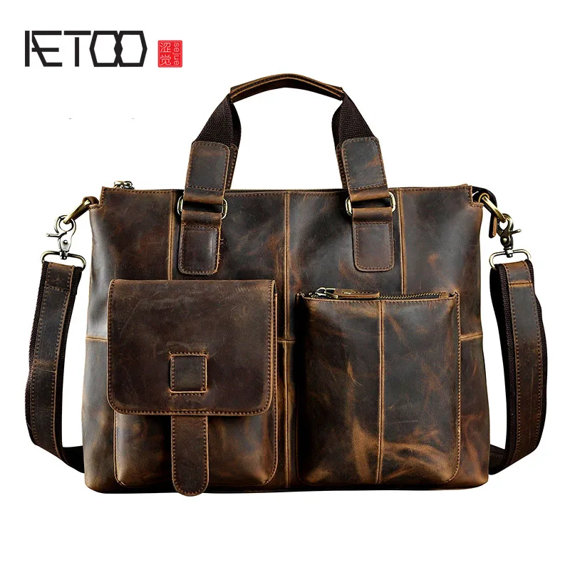

AETOO The first layer of oil wax leather leather original single retro men's 14-inch business portable document computer bag