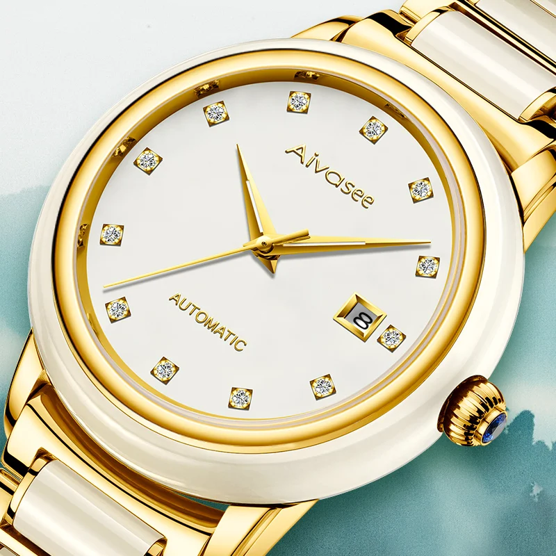 

Hetian Jade Men's Business Watch Automatic Mechanical Stainless Steel Waterproof Male Clock Hollow Calendar Leather Couple Watch