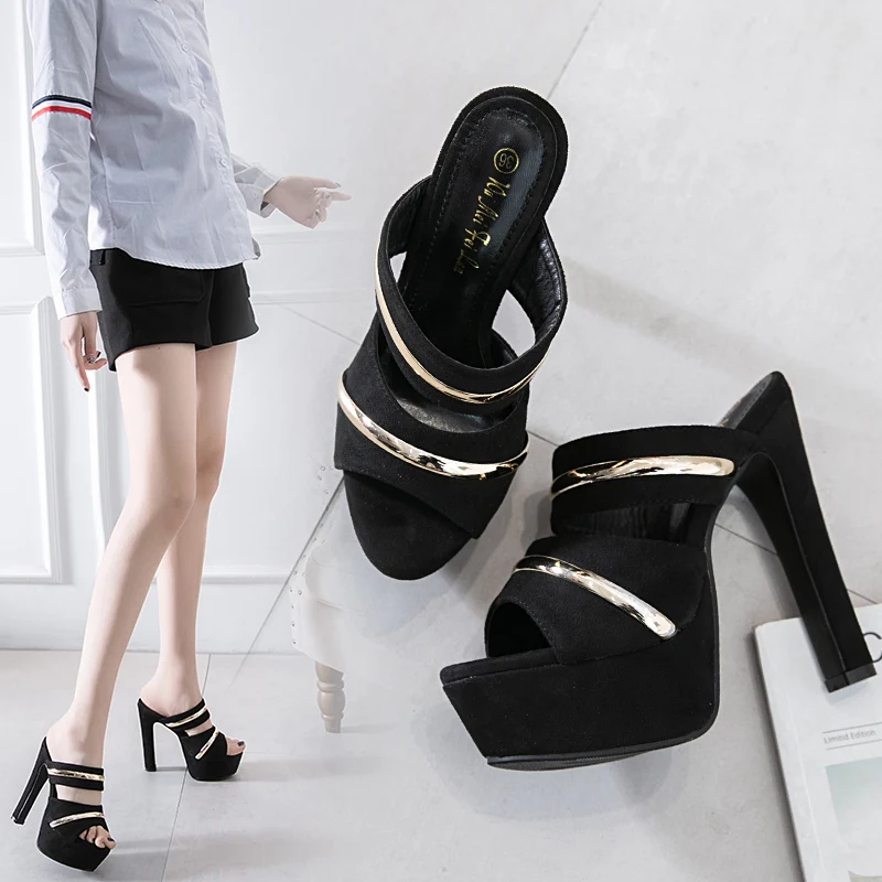 

2019 Women 15cm High Heels Slippers Peep Toe Footwear Flock Slides Shoes Woman Summer Female Mules Platform Block Heels Shoes