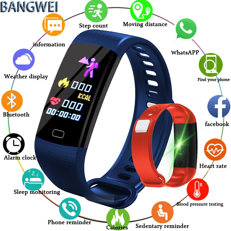 

BANGWEI 2018 IP67 Waterpro Of Fitness Tracker SmartWatch LED Color Touch Screen Men And Women Sport Pedometer Smart Watch + Box