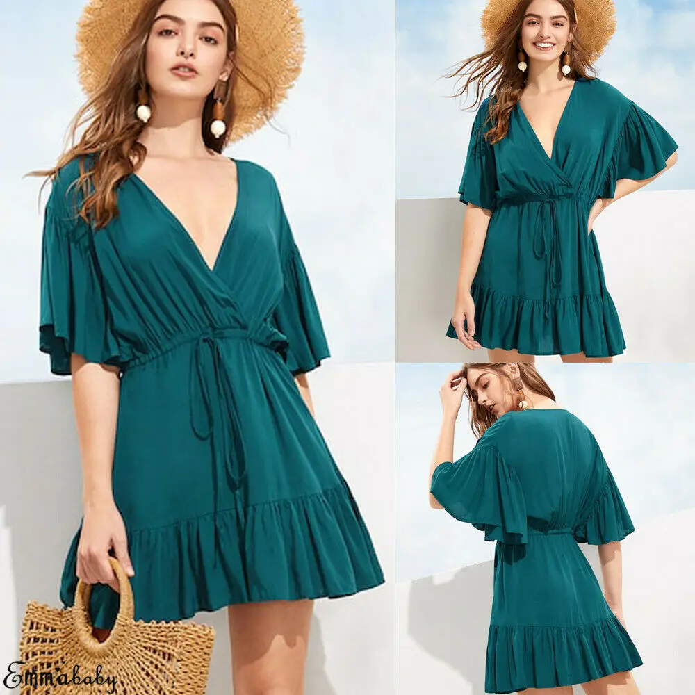 

Women V-neck Loose Short Mini Dress Ladies Green Party dresses Summer Beach Night Casual Skater Sundress