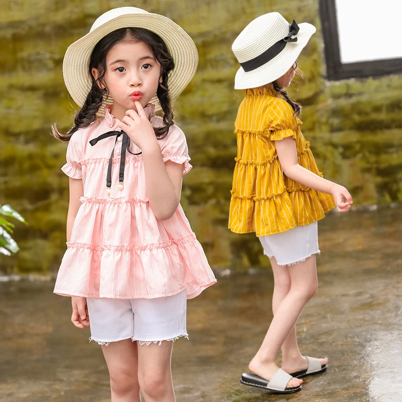 

Cute Girls Striped Blouses Summer Short Sleeve Casual Cotton Tops Bow Fashion Baby Kids Clothes Child Outfits 6 8 10 12 Years