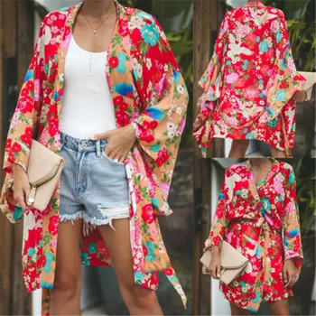 

Women,s Long Sleeve Floral Casual Coat Loose kimono Long Cardigan S-XL New Open stitch Printed Jacket