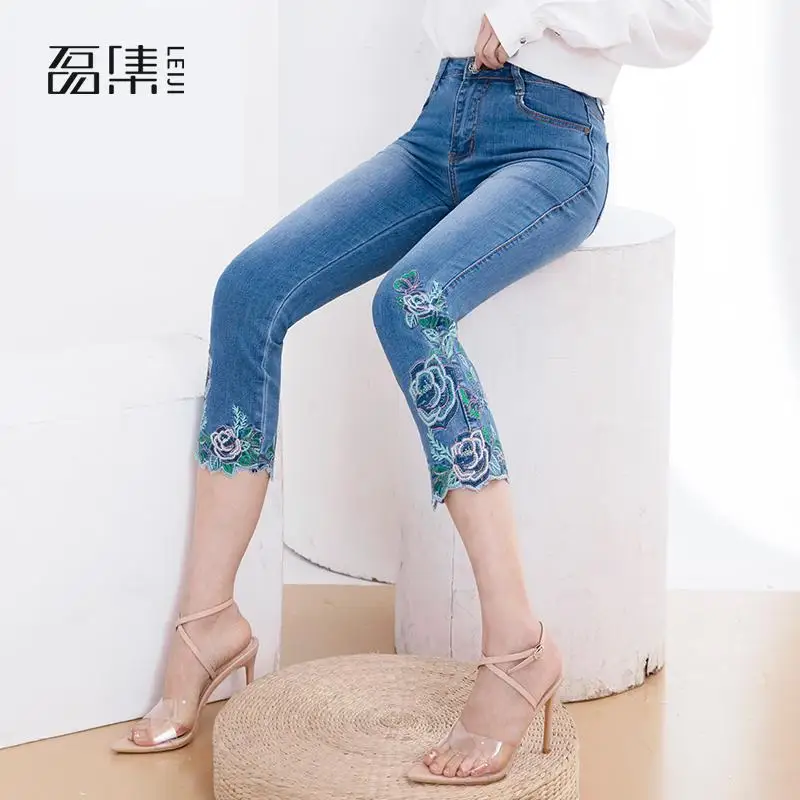 Embroidery Jeans For Women High Waiste Plus Size Fashion skinny Quality Mom Denim pencil Pants |