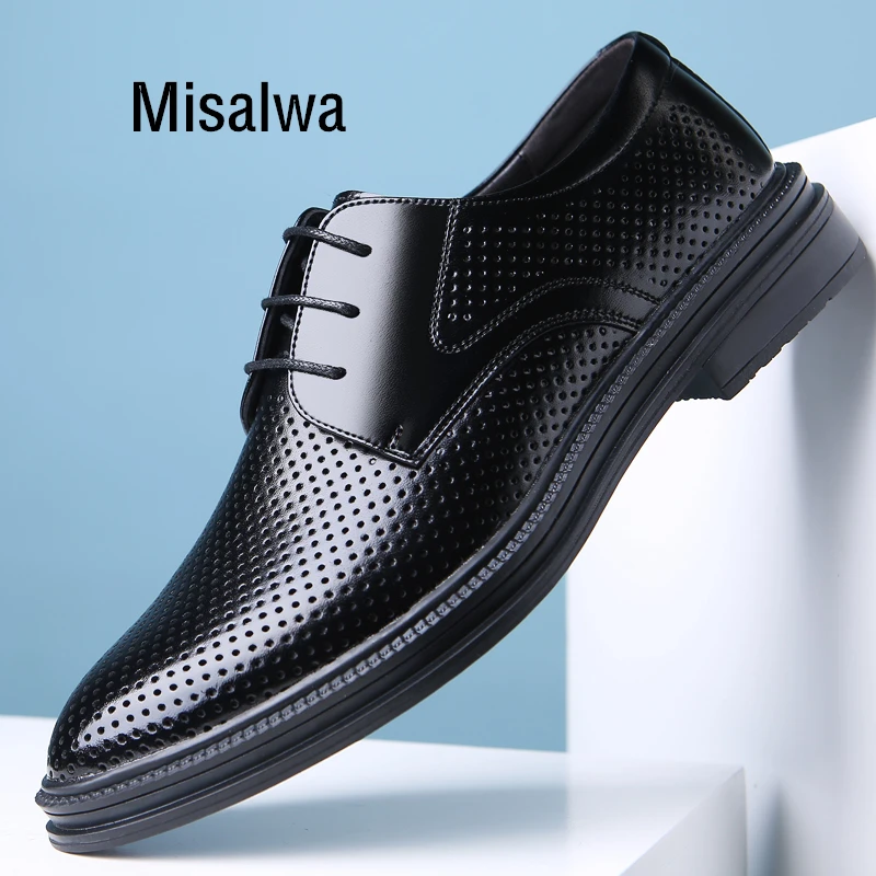 

Misalwa Classic Men's Derby Shoes Gentleman Suit Shoes Men Dress Shoes Leather Summer Hollow Height Increasing Elevator Shoes