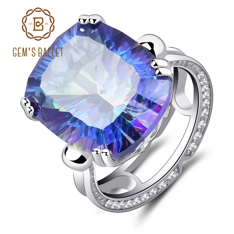 

GEM'S BALLET 18.42Ct Natural Rainbow Fire Mystic Topaz Ring Cocktail For Women 925 Sterling Silver Vintage Fashion Jewelry