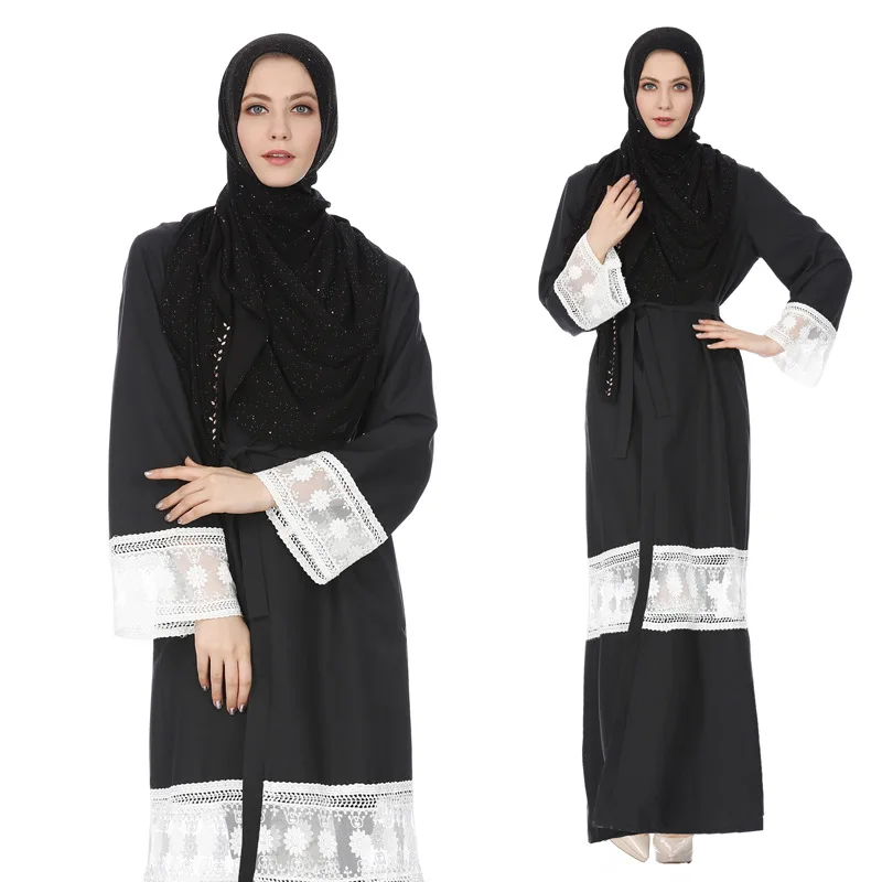 Muslim Black+ White Lace Abaya Cardigan Kimono Loose Jubah Ramadan ...