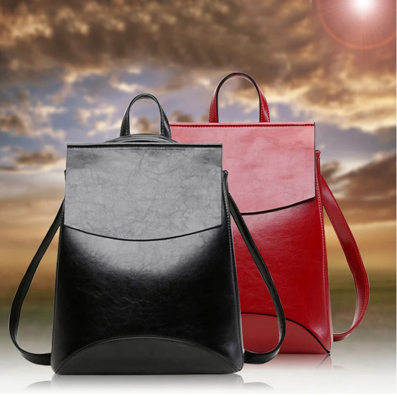 

Brief Fashion Solid Color Genuine Leather Woman Backpack Student Soft Vintage Double Shoulder Bag Large Capacity School Bag Gift