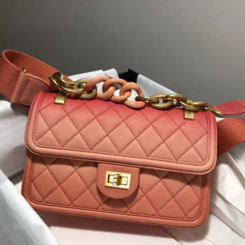 

2019 Early Spring Gradient Color Rhombic Thick Chain Bags Wide Shoulder Strap Cover Bag Shoulder Messenger Bags Leather Handbags