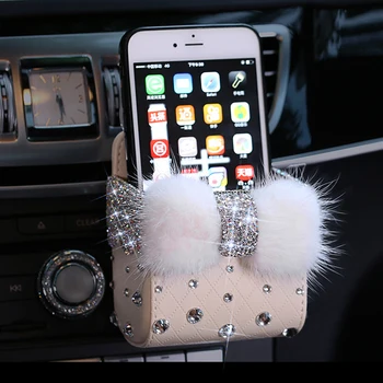 

Luxury fur Crystal Car Outlet Air Vent Trash Box Auto Mobile Phone Holder Rhinestones Pouch Organizer Hanging Storage Bag