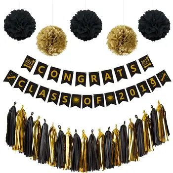 

27pcs Graduation 2019 With Graduation Balloons Hanging Banner Pom Pom Flowers Cake Toppers For Graduation Party Decorations