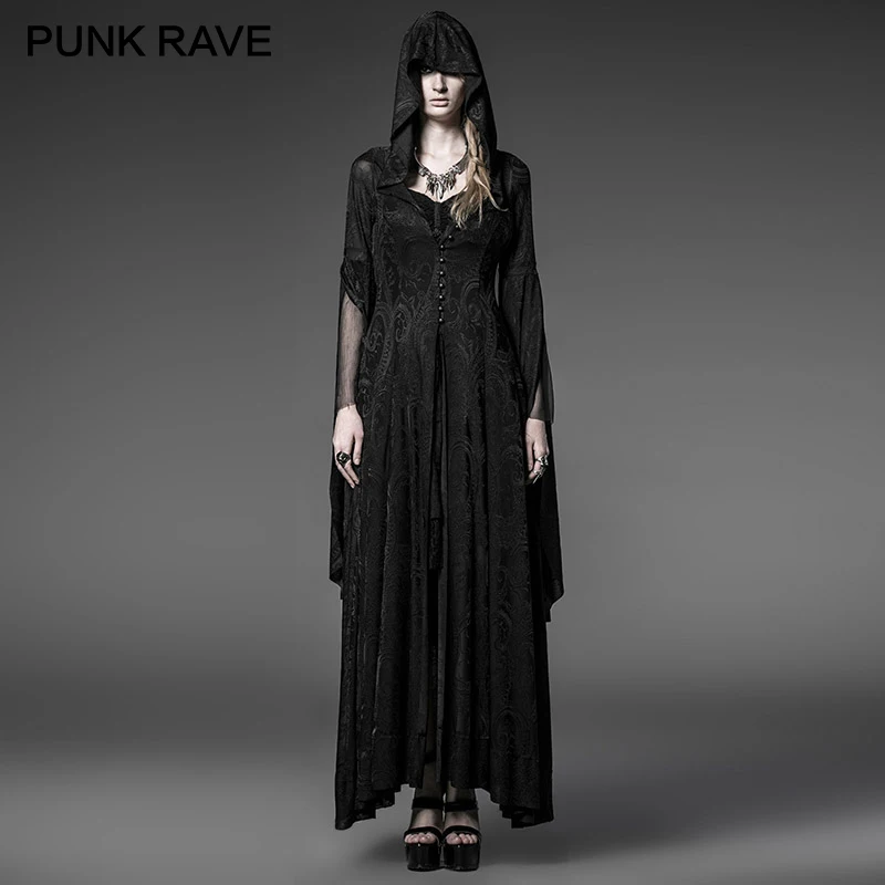 

PUNK RAVE Gothic Knitting Jacquard Vintage Long Dress Hooded Steampunk Black Women's Halloween Witch Party Dresses