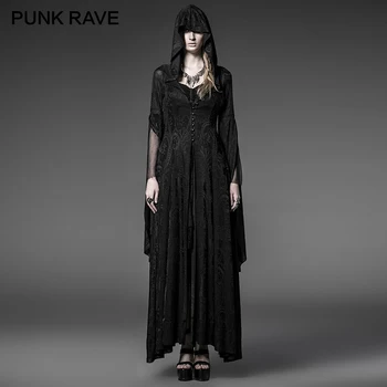 

PUNK RAVE Gothic Knitting Jacquard Vintage Long Dress Hooded Steampunk Black Women's Halloween Witch Party Dresses