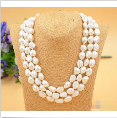 

P4744 lustre 3row 15mm WHITE BAROQUE freshwater cultured pearl necklace^^^@^Noble style Natural Fine jewe FREE SHIPPING