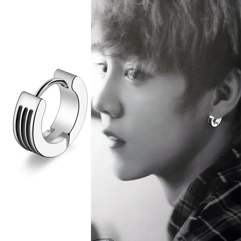 Fashion Men's Creoles Hoop Earrings Small Round Ear Plugs Titanium Steel Silver Black Strips Brincos Pendientes Punk Jewelry3