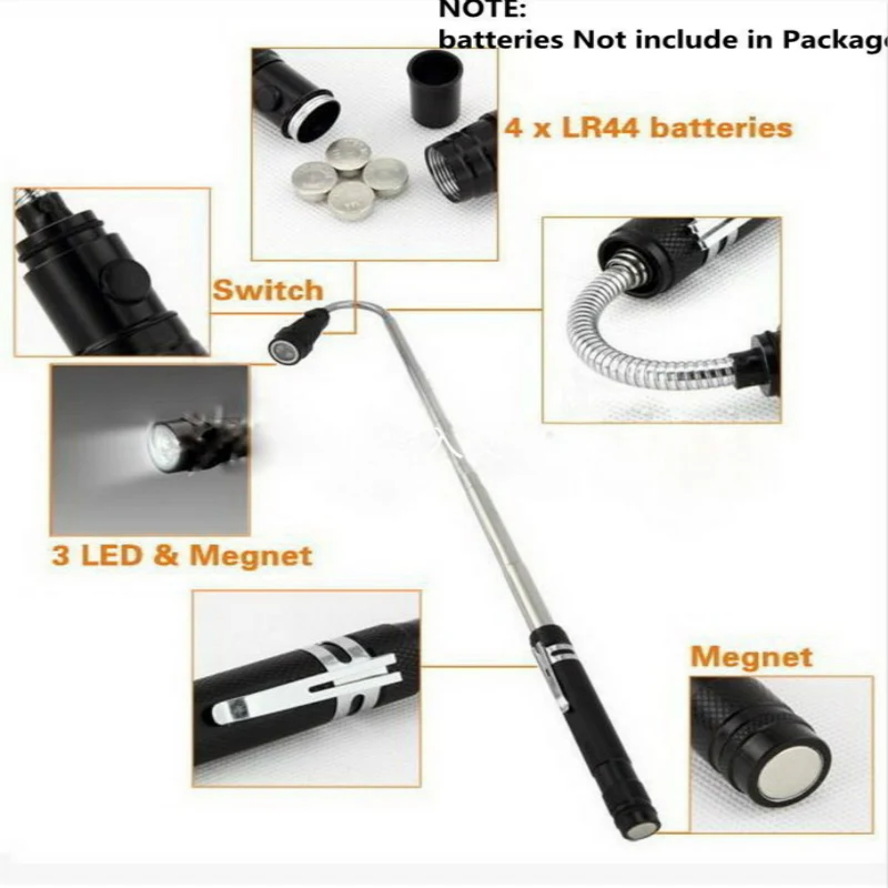 

Multifunctional Telescopic Flexible Neck Telescopic Magnet Powerful 3 LED Torch Flashlight Magnetic Lamp Light Pick Up Tool