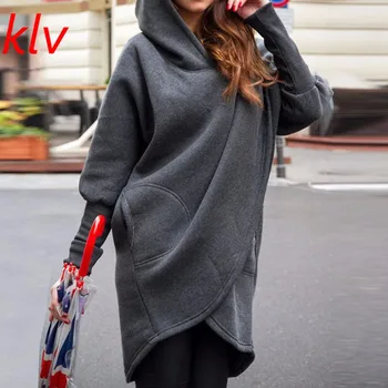 

Women Long Sleeve Asymmetrical Hem With Side Pocket Hoodie Pullover Sweatshirt Female Tops Blouse