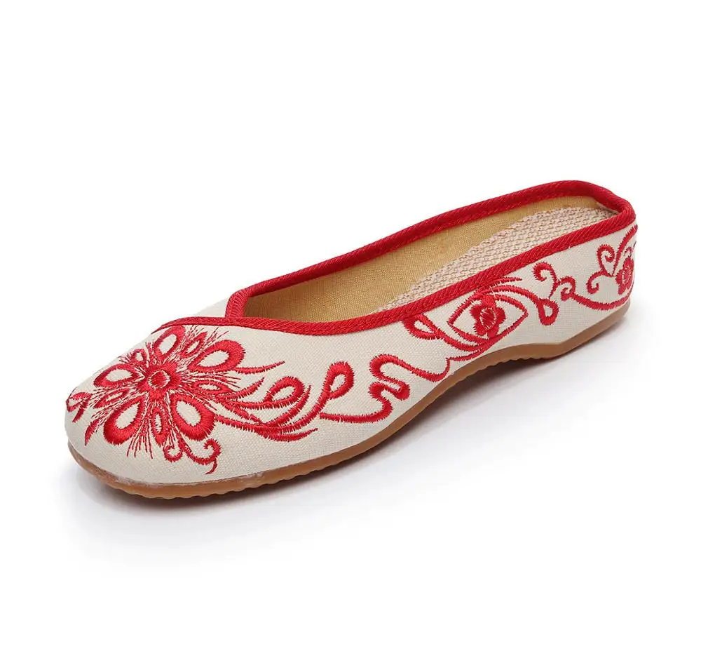 Veowalk/Женские повседневные парусиновые тапочки на плоской подошве с вышивкой и закрытым носком; удобные женские вышитые Шлепанцы из хлопка в китайском стиле - Цвет: Красный