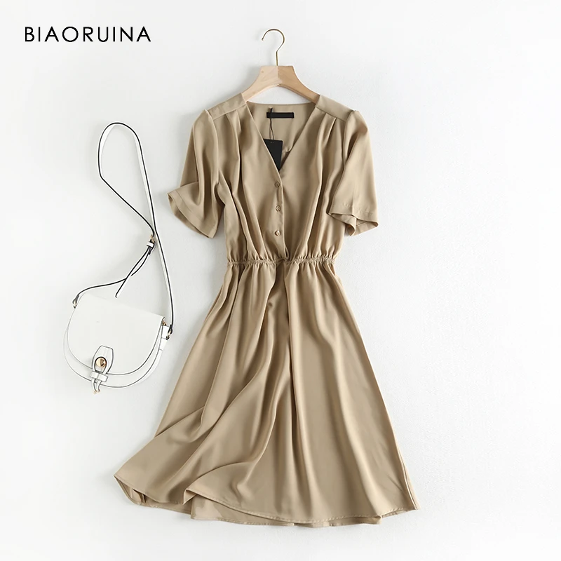 

BIAORUINA Women Elegant Solid High Waist V-neck Dress Female Fashion Summer A-line Dress Vestidos Korean Style Casual Dresses