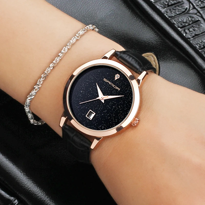 

Fashion Star Dial Women Watches Luxury Golden Leather Ladies Dress Watch Women Dress Clock Calendar relogio feminino P194