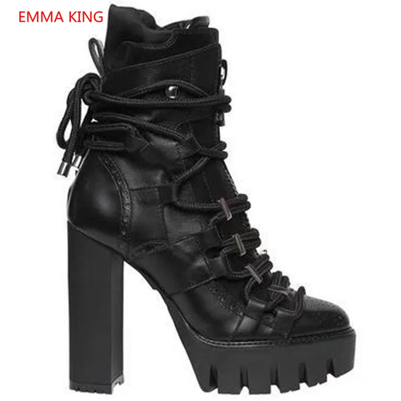 

Women Platform Ankle Boots Black Luxury Leather Chunky High Heels Woman Autumn Winter Shoes Lace Up Runway Fashion Martin Boots