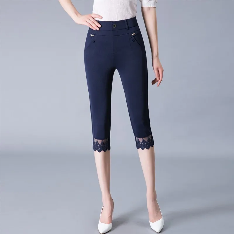 Summer Women Capris Pants Fashion Solid Skinny Lace Straight Calf Length Pants Casual High Waist Stretch 3/4 Trousers Woman Summer Women Capris Pants Fashion Solid Skinny Lace Straight Calf Length Pants Casual High Waist Stretch 3/4 Trousers Woman
