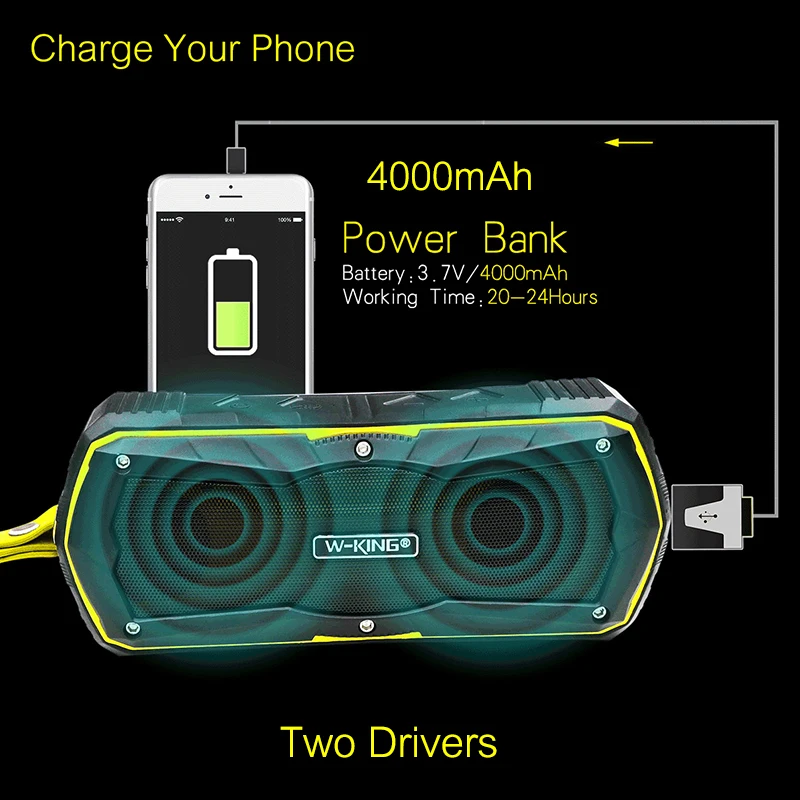 W-King Водонепроницаемый Bluetooth 4,0 динамик Портативный беспроводной Открытый громкий динамик s TF карта AUX in с 4000 мАч Внешний аккумулятор для телефона