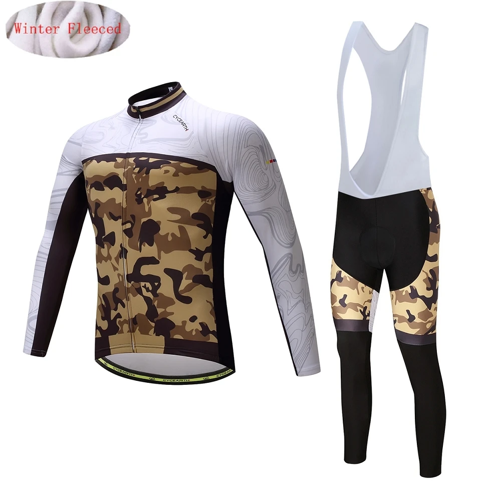 bib fleece set CYCEARTH зимний термальный флис Велоспорт Джерси велосипедный комплект одежда велосипед теплый Coolmax Pad комбинезон CEF003 - Цвет: bib fleece set