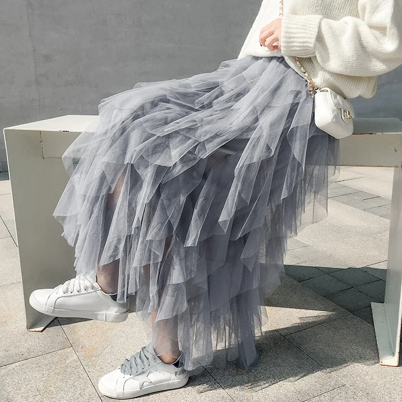 Корейская длинная Тюлевая юбка Faldas Mujer Moda летняя для женщин Фея сетчатая юбка в складку Высокая талия пачка Femme