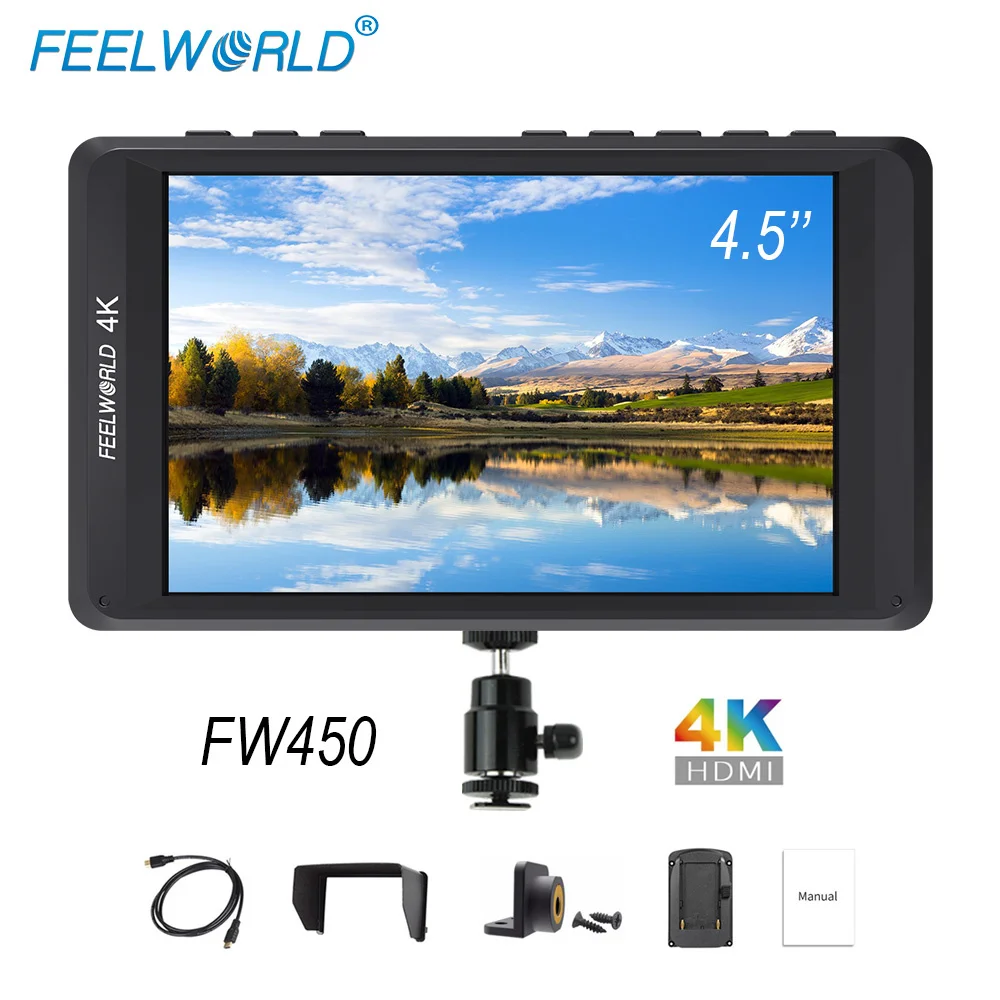Feelworld FW450 4.5 inch DSLR Camera Field Monitor IPS Small HD 1280x800 4K HDMI Input Output Light Weight Portable LCD Monitors