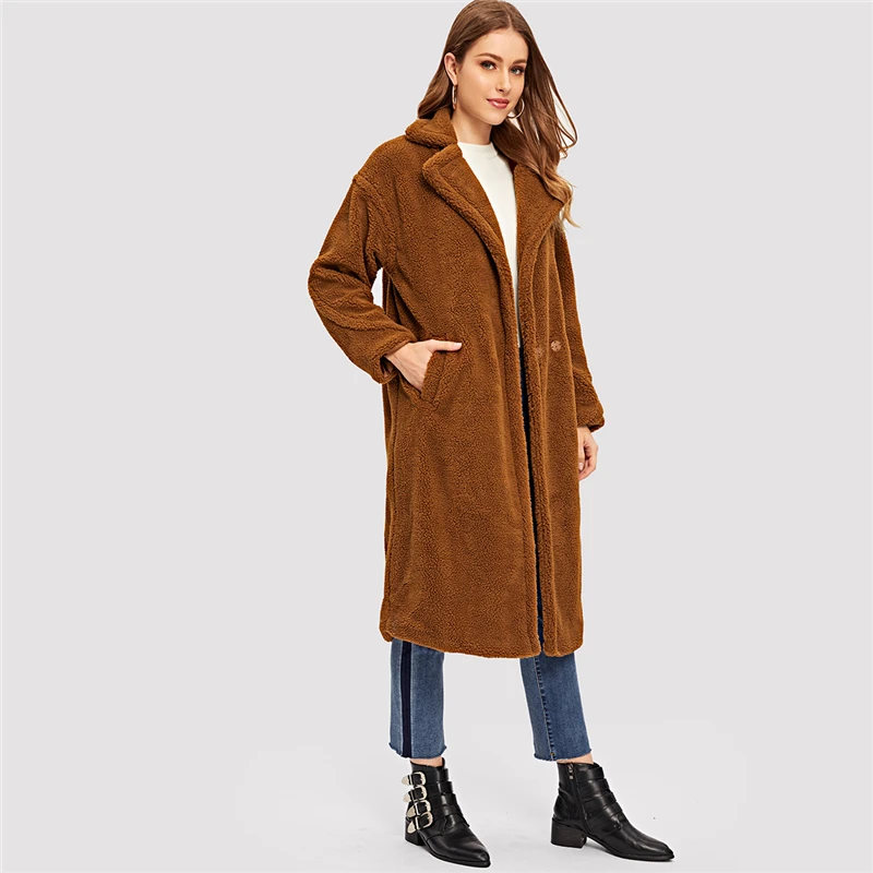 COLROVIE Brown Solid Pocket Open Front Casual Teddy Coat Women Autumn Fashion Warm Long Coat Office Ladies Elegant Outwear