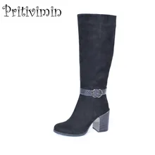 Новая женская обувь на толстом высоком каблуке длинные сапоги зимние botas mujer теплые внутри на туфли женские туфли из натуральной кожи Bottes pritivimin FN55