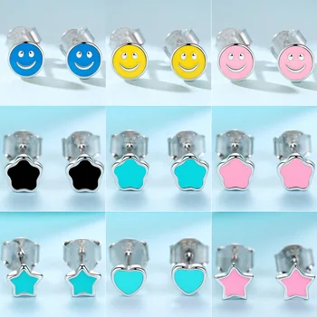 

Christmas Gift Sweet Cute Pink Color Smile Flowers Love Heart Star Stud Earrings for Kids Children Girls Lovely Enamel Earrings