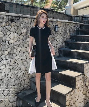 

Black Women Dress Hit Color Patchwork Elegant A-line Summer Dress Short Sleeve O Neck Party Dresses