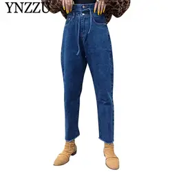 YNZZU корейский стиль 2019 Весна Повседневные джинсы женские с Высокой Талией бутон зашнуровать широкие брюки женские синие джинсы Femme YB296