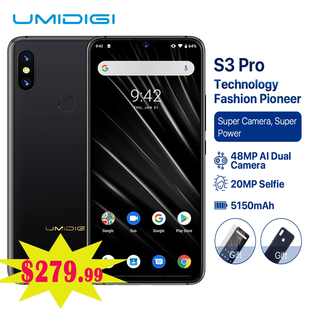 Мобильный телефон UMIDIGI S3 Pro Android 9,0, 48MP, 12MP, 20MP камера, 5150 мАч, 128 ГБ, 6 ГБ, 6,3 дюйма, FHD+ NFC, керамический, глобальный, 4G Band, смартфон