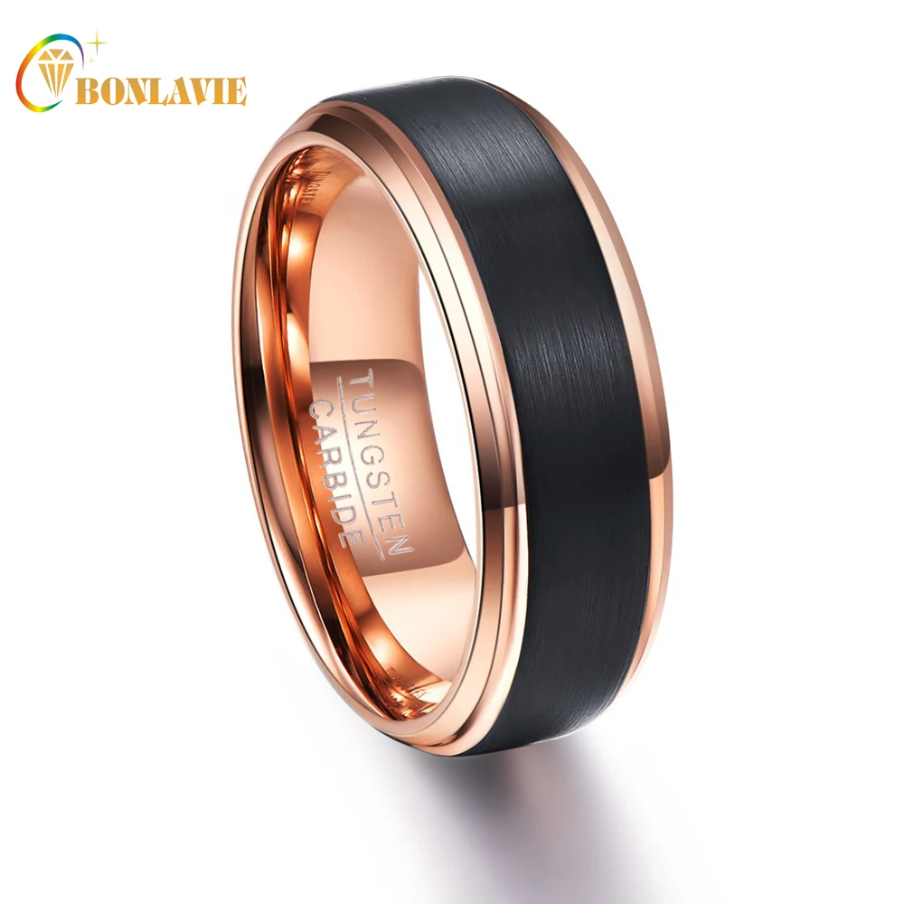 

Party Ring Round Rose Gold Black Men Rings Tungsten Carbide Wedding Bands Anillos para hombres Ring Drop Shipping
