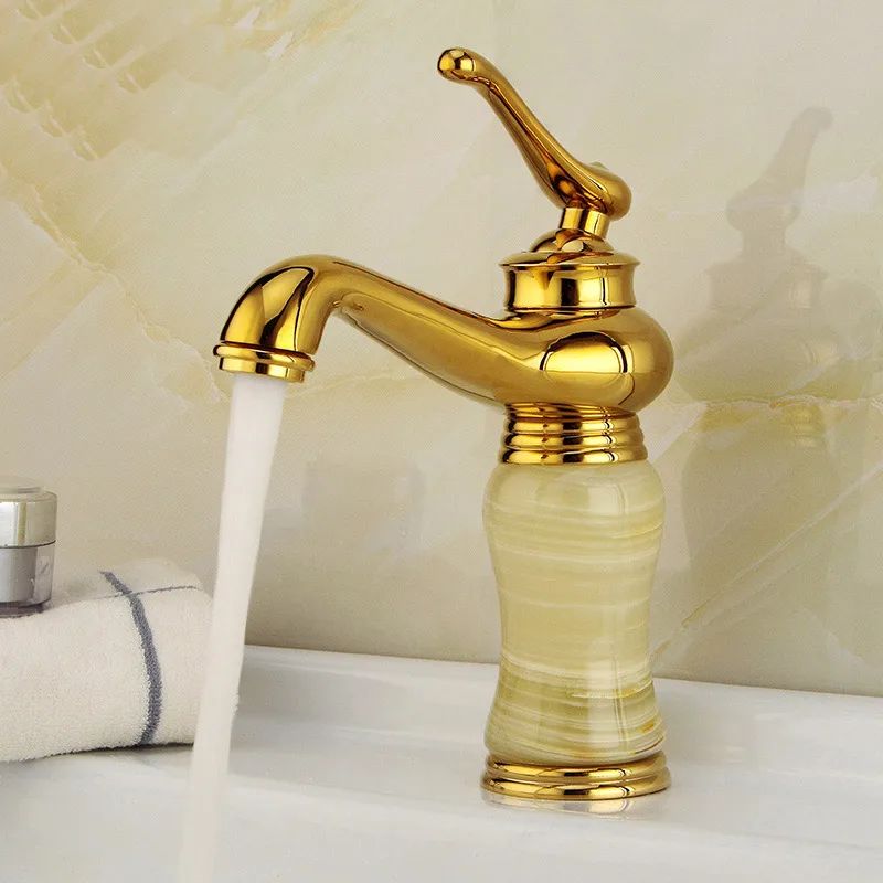 

All copper cold and hot golden faucets Europe type restoring ancient ways under the bathroom counter basin jade bibcock