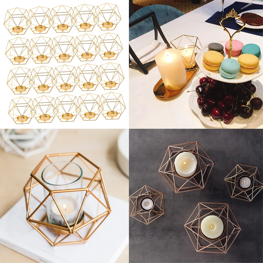 20pcs Iron Wire 3D Geometric Candle Tea Light Holder Home Decor Party Supplies for Wedding Christmas New Year Events