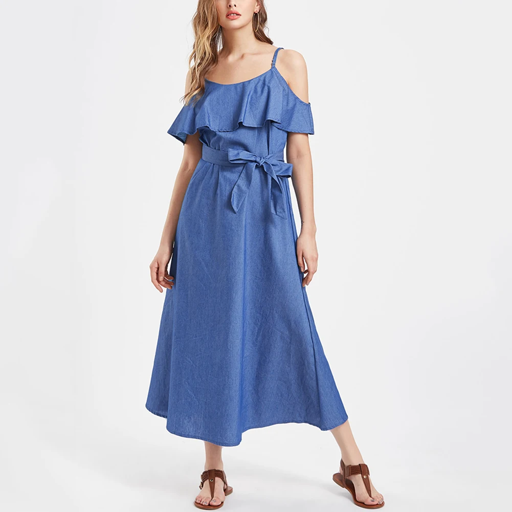Fashion Women Summer jean Dress Ruffle Spaghetti Strap Open Shoulder Long Slim Denim Dress Fashion Women Summer jean Dress Ruffle Spaghetti Strap Open Shoulder Long Slim Denim Dress