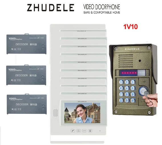 

ZHUDELE Top quality Home security intercom system7 inch Monitor for 10 Units Apartment Video Door Phone Bell Intercom System