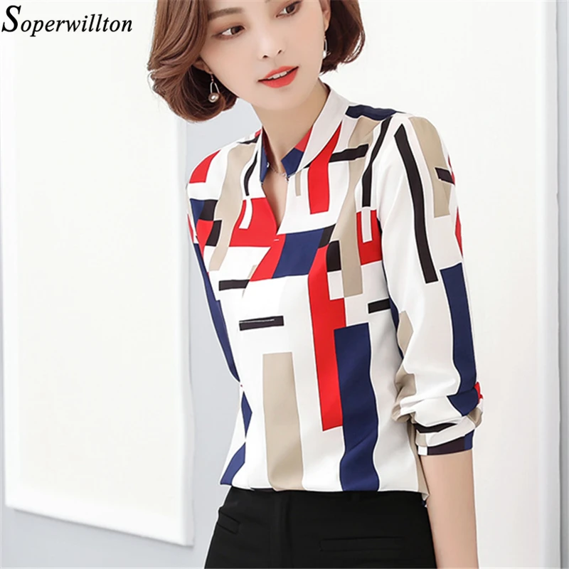 

New Long Sleeve Striped Women Blouse Print V Neck Women Tops Shirts 2019 New Casual Female Blouse Slim Shirt For Work Wear