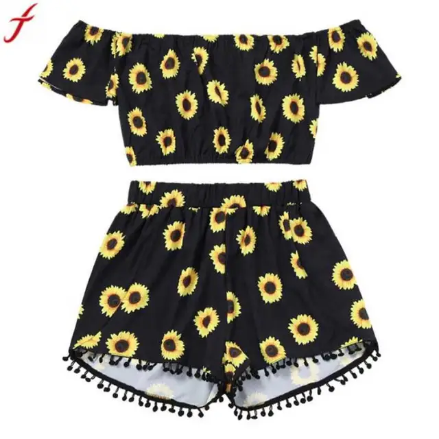 2018 Two Piece Set Women Sunflower Print Off Shoulder Crop Top Elastic Waist Tassel Shorts Suit Set Two-Piece Outfit