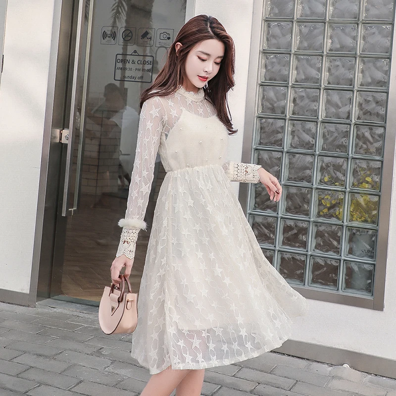Autumn and Winter Apricot Pink Lace Dress New Korean Fashion Women Two-Piece Set Long Sleeved Dresses | Женская одежда