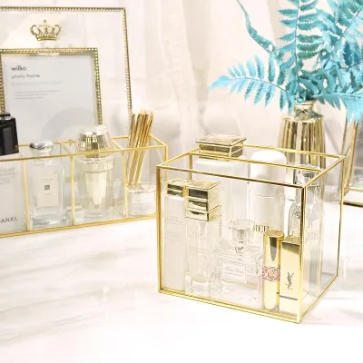 

Classic European Glass Makeup organizer with Golden Covered Edge Bathroom Makeup Organizer make up products Cosmetic organizer