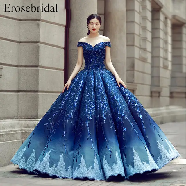 Royal Blue Evening Dress Off The Shoulder Princess Party Dress Appliques  Evening Gowns Lace Up Ball Gown Vestido De Festa Es265 - Evening Dresses -  AliExpress