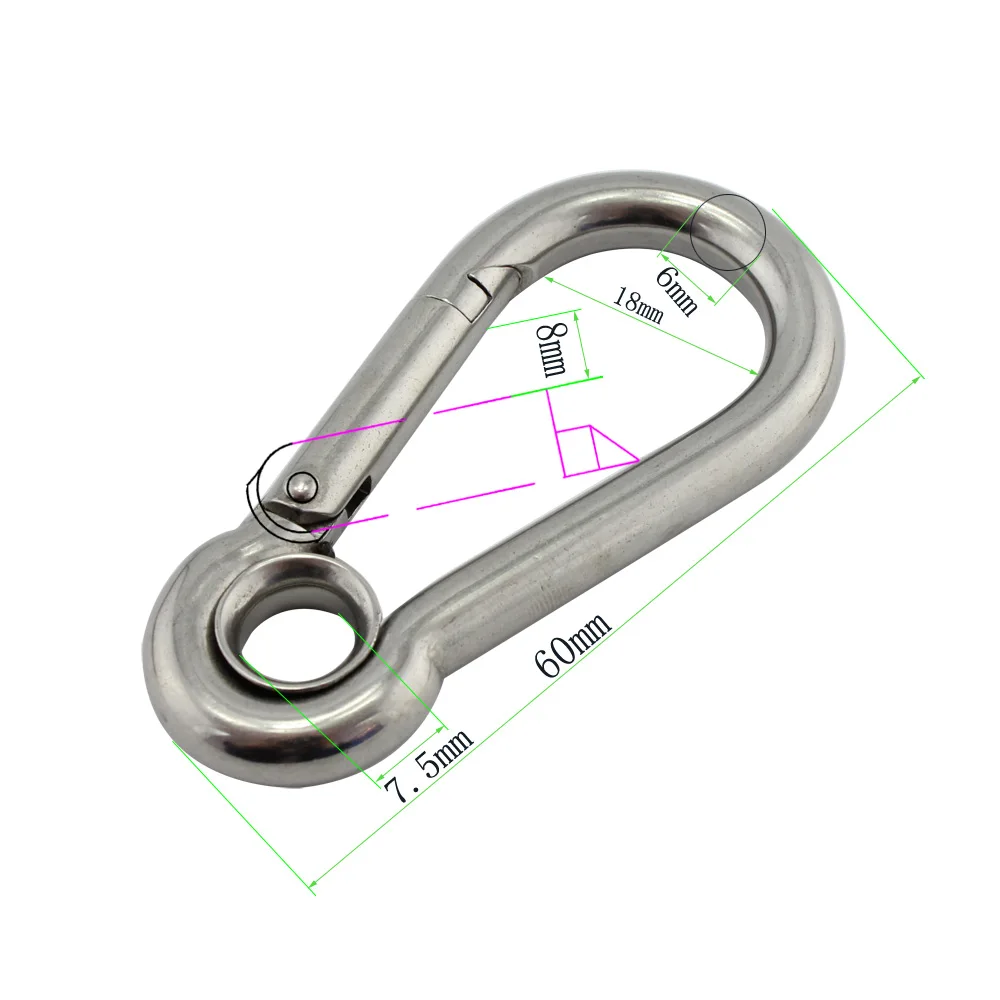 Stainless Eyelet Snap Hook Spring Carabiner 6*60mm Stainless Steel SS304/316 Climbing Spring Carabiner Snap Hooks with 10pcs 2pack tall metal garden trellis decorative metal fence for climbing plants usa sturdy 70inch steel metal garden trellis